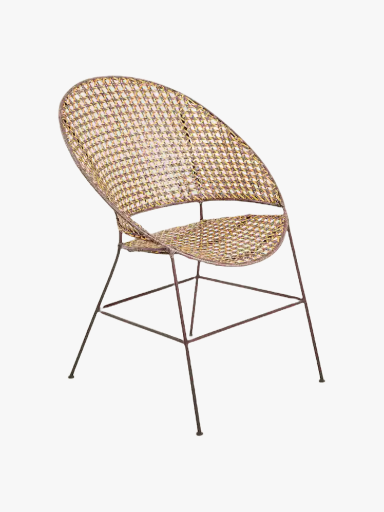 Chair with a metal frame and woven rattan round back and seat.