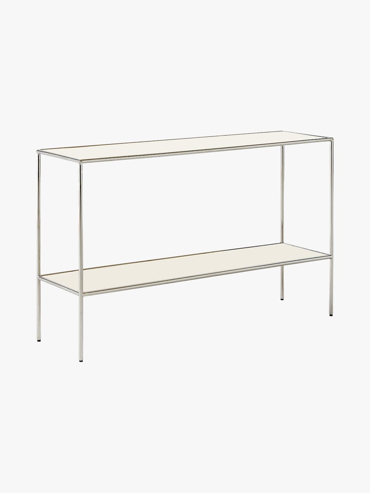 Console table and two shelves with a glossy enamel finish.