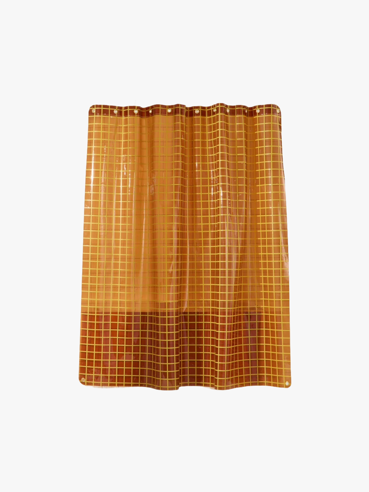 Honey orange shower curtain with hike yellow 2”x2” grid pattern.