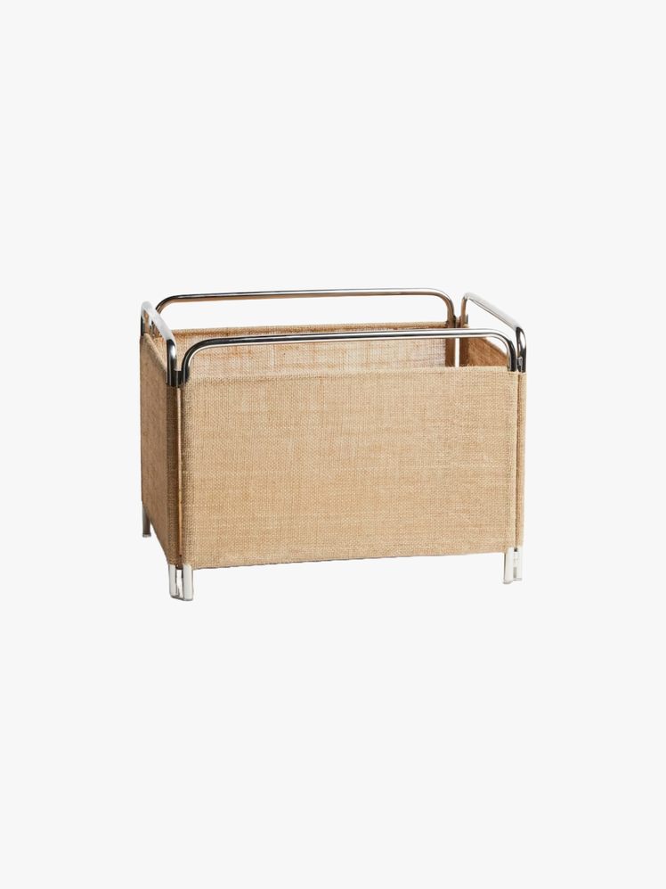 Rectangular crate in thick jute and metal.