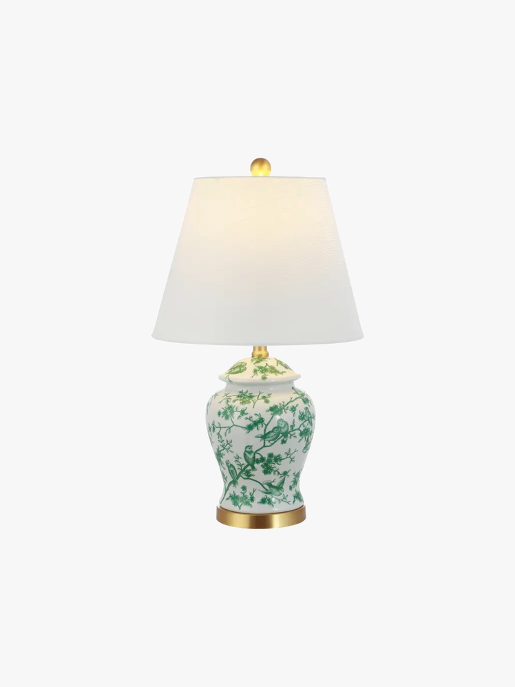 Ginger jar table lamp handpainted and glazed with antiqued brass ornamentation.