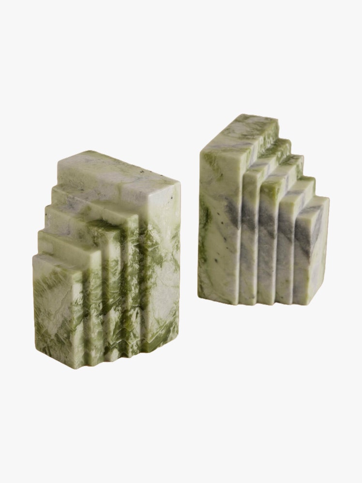 Pair of bookends made from Trento green marble in a chunky stepped design.