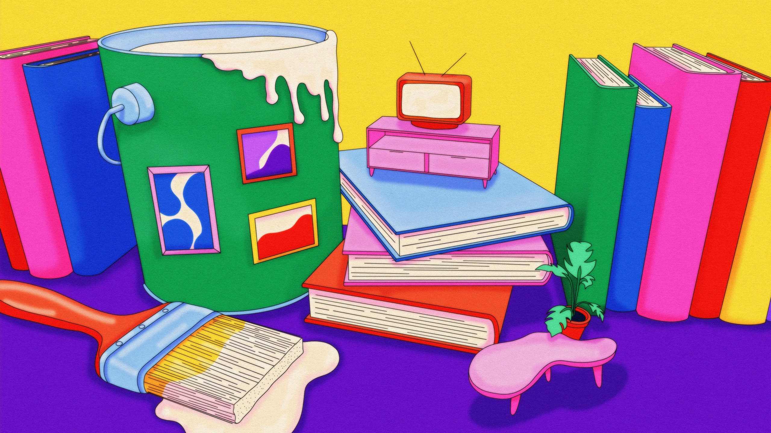 illustration of paint bucket books wiggly coffee table TV