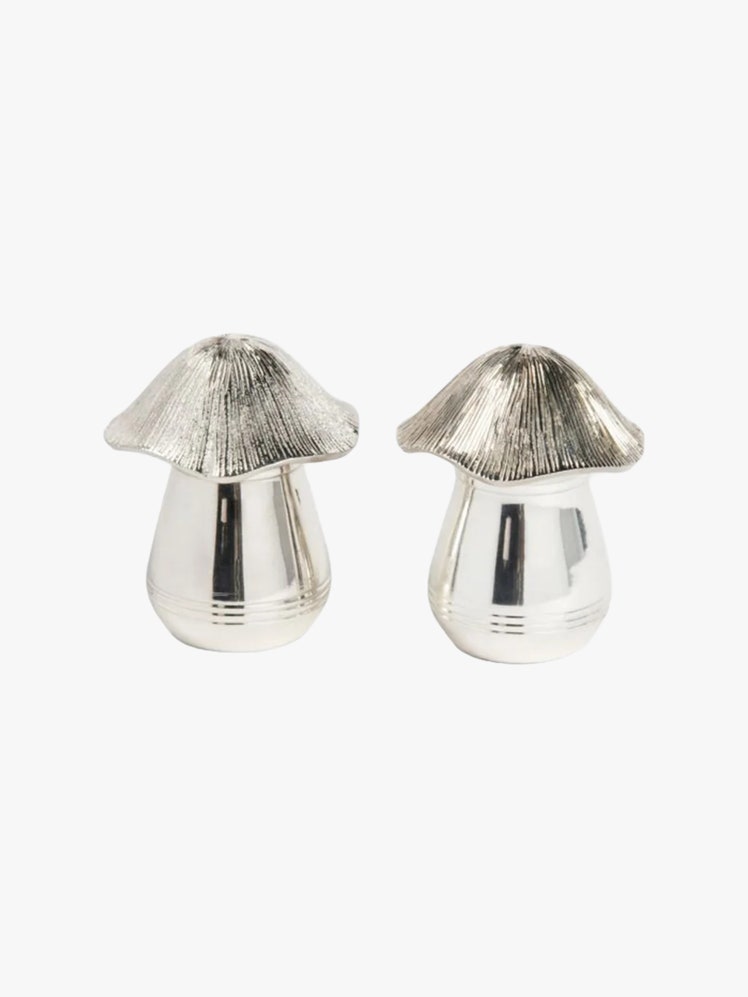 Mushroom shaped salt and pepper shakers crafted from silver finished brass.