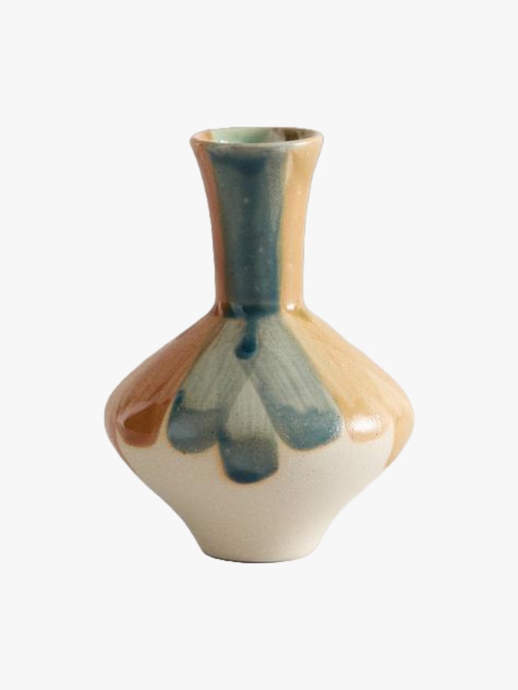 Stoneware vase with a round base and long neck the top half decorated in stripes of teal and tan glaze.