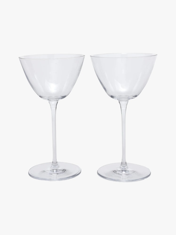 Two clear martini glasses.