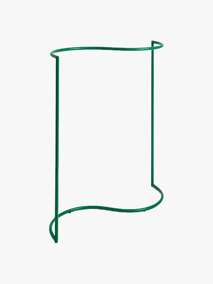 Green powdercoated steel Sshaped clothing rack.