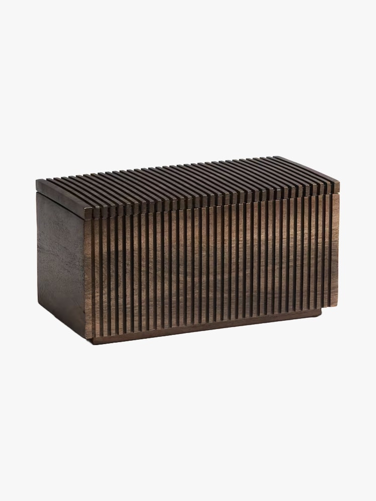 Rectangular storage box in mango wood with a fluted finish and matching lid.