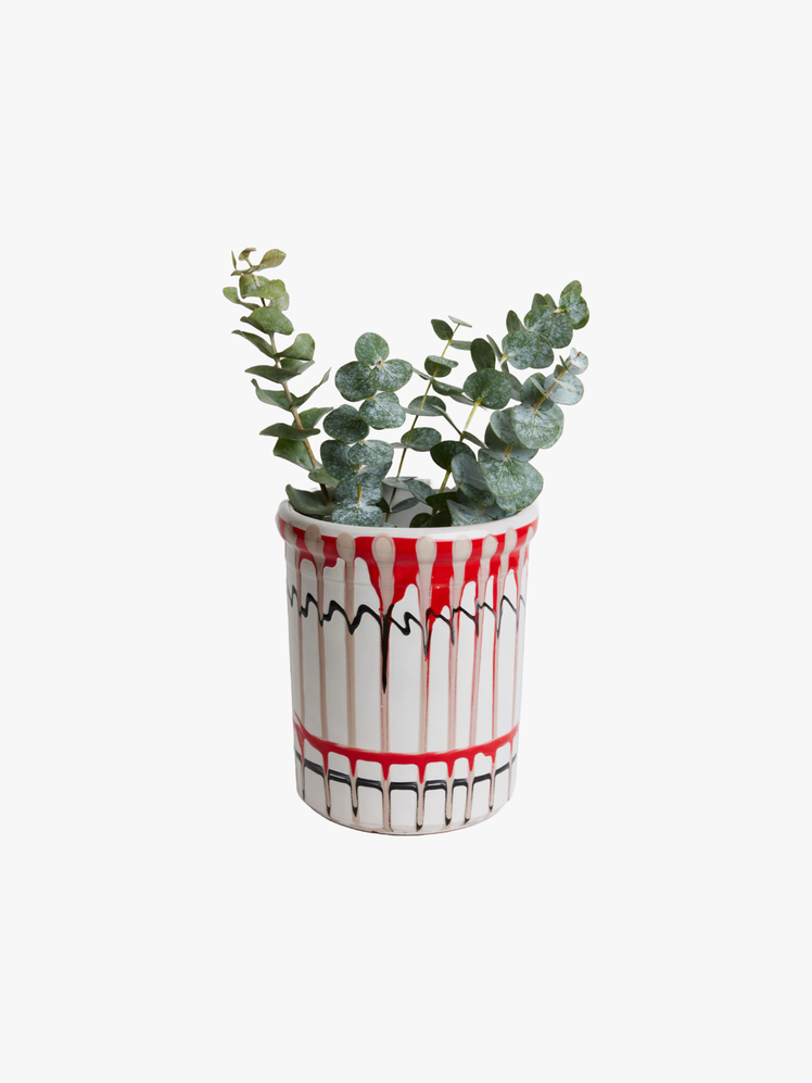 Large painted ceramic pot with eucalyptus