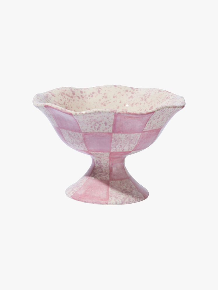 Hand painted centerpiece fruitbowl ornate in pink splatter and oversized check with waved edges