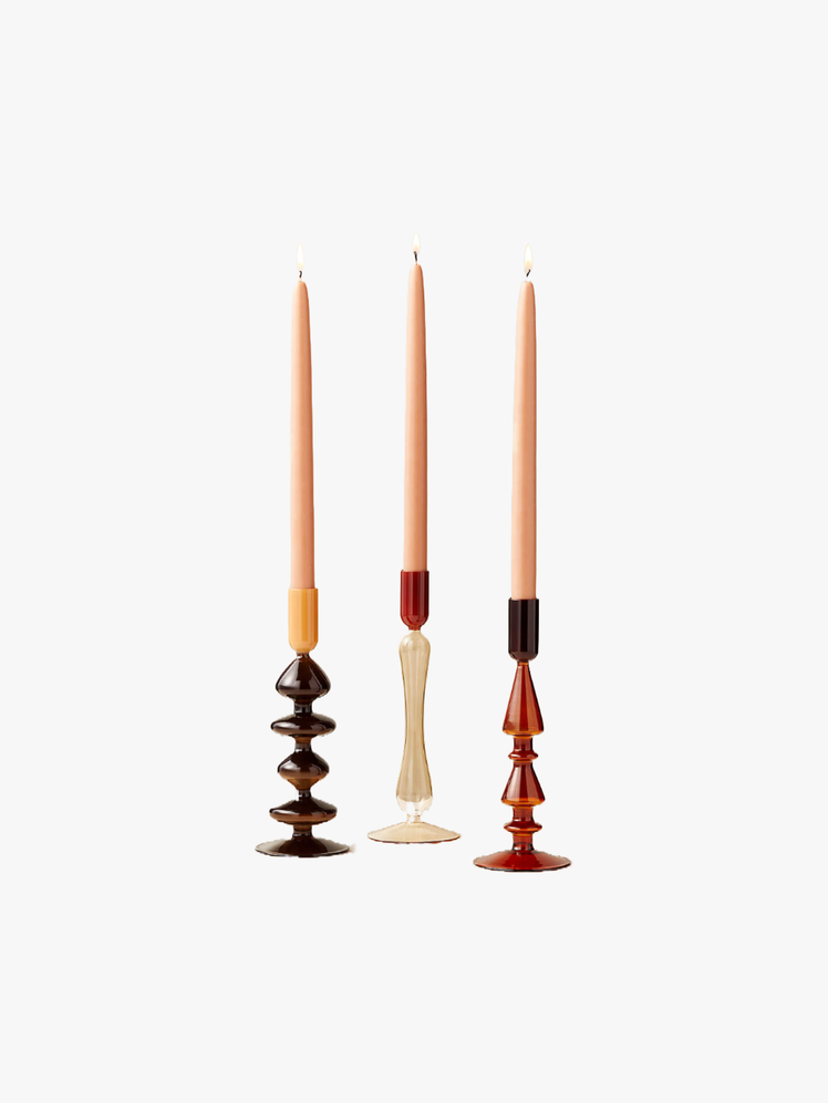 Set of 3 Warm Toned Glass Taper Candle Holders