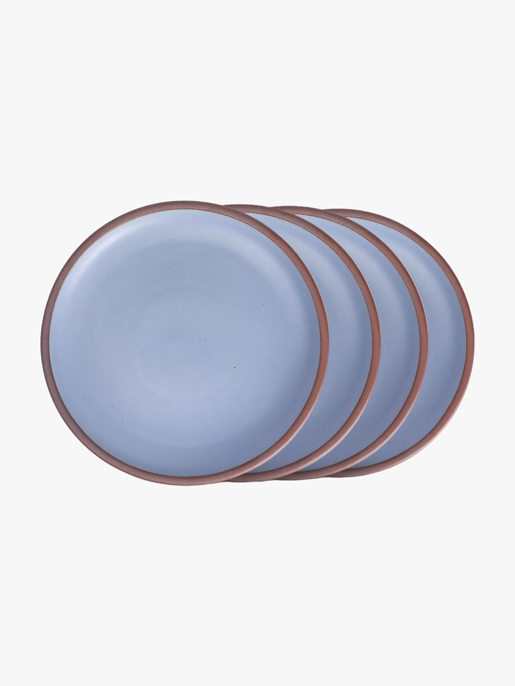 Set of 4 ceramic dinner plates with a sky blue glaze.