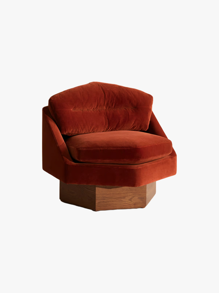 Velvet Armchair with Wooden Base.