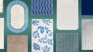 Collage of assorted bath mats against a green background.