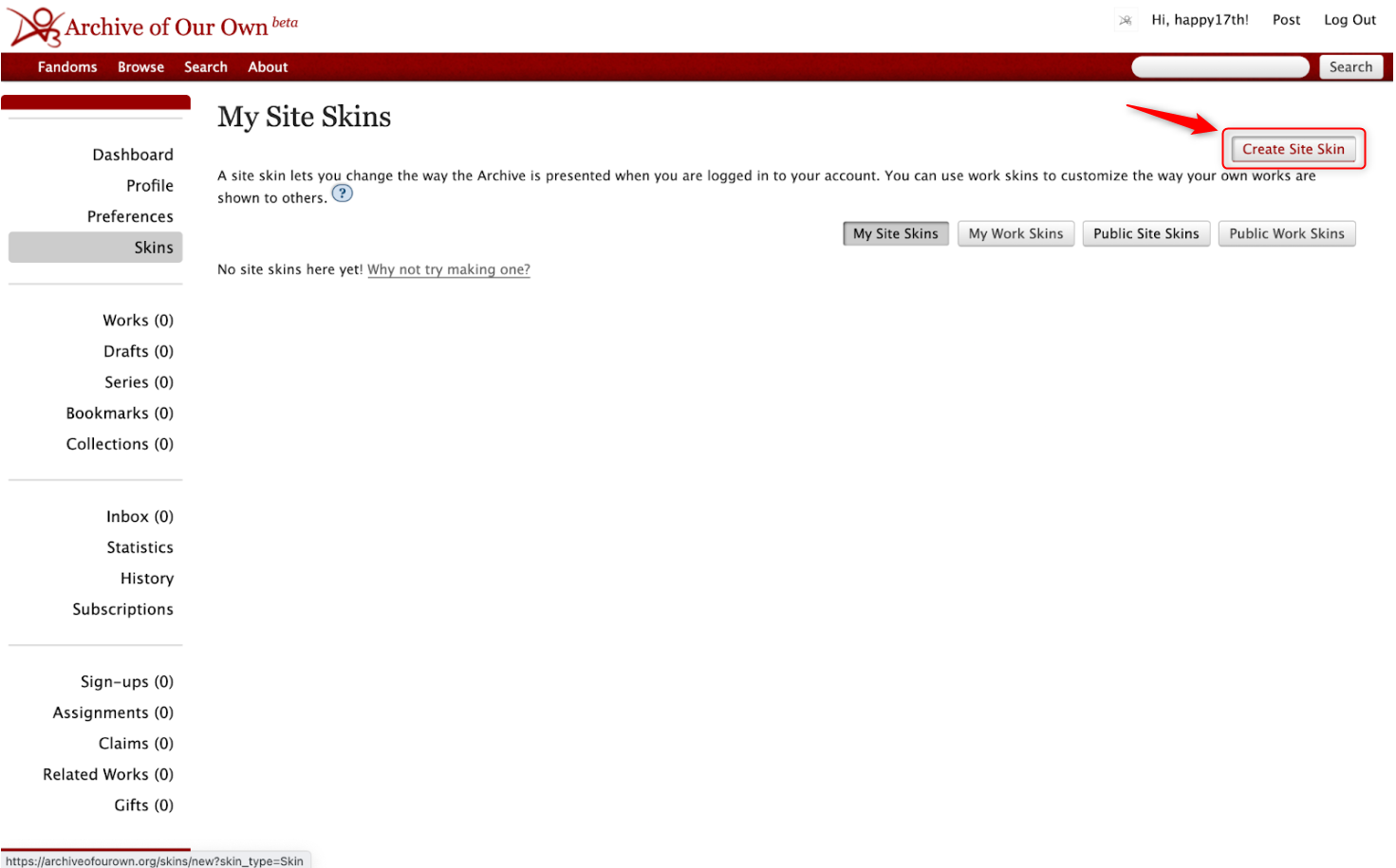 AO3 Dashboard with arrow pointing to 'Create Site Skin' button