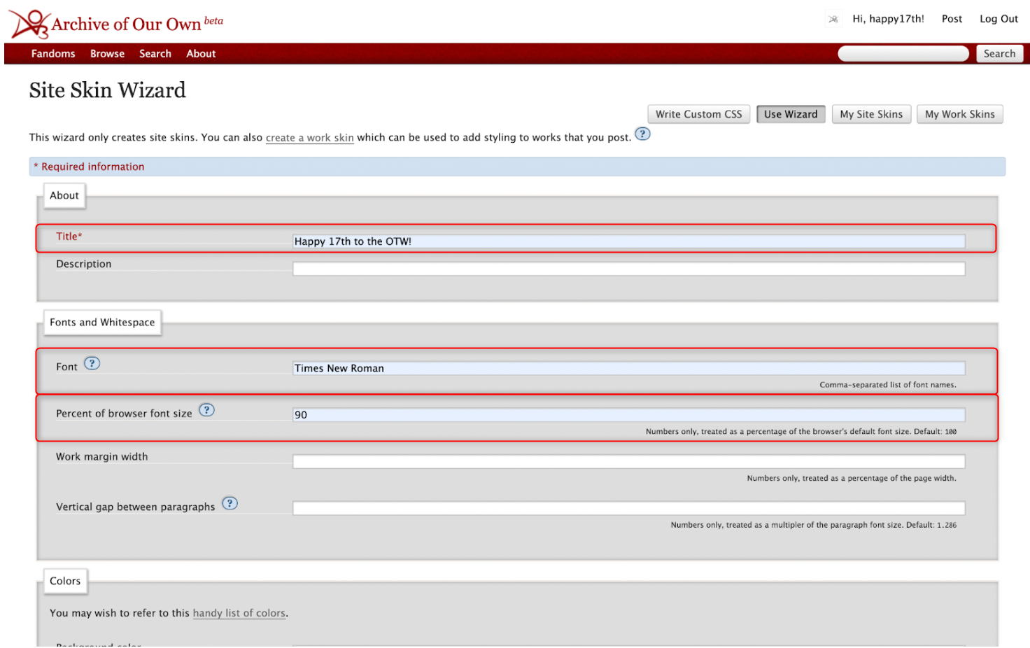 AO3 Skin Wizard Interface with fields 'Title', 'Font' and 'Percent of Browser Font Size' filled in and highlighted