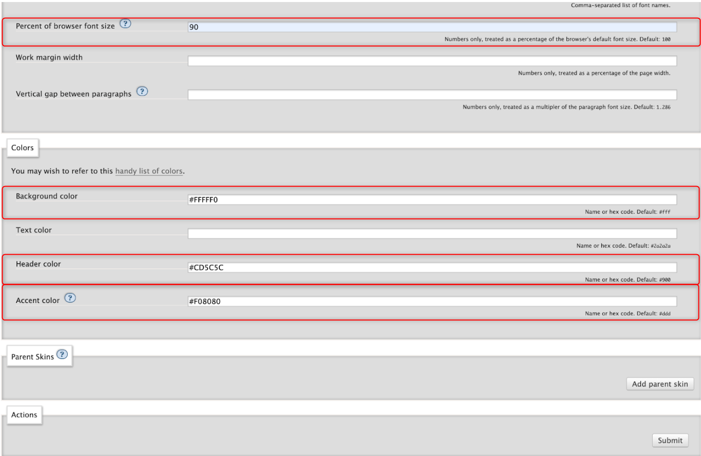 AO3 Skin Wizard Interface with fields 'Background color', 'Header color' and 'Accent color' filled in and highlighted