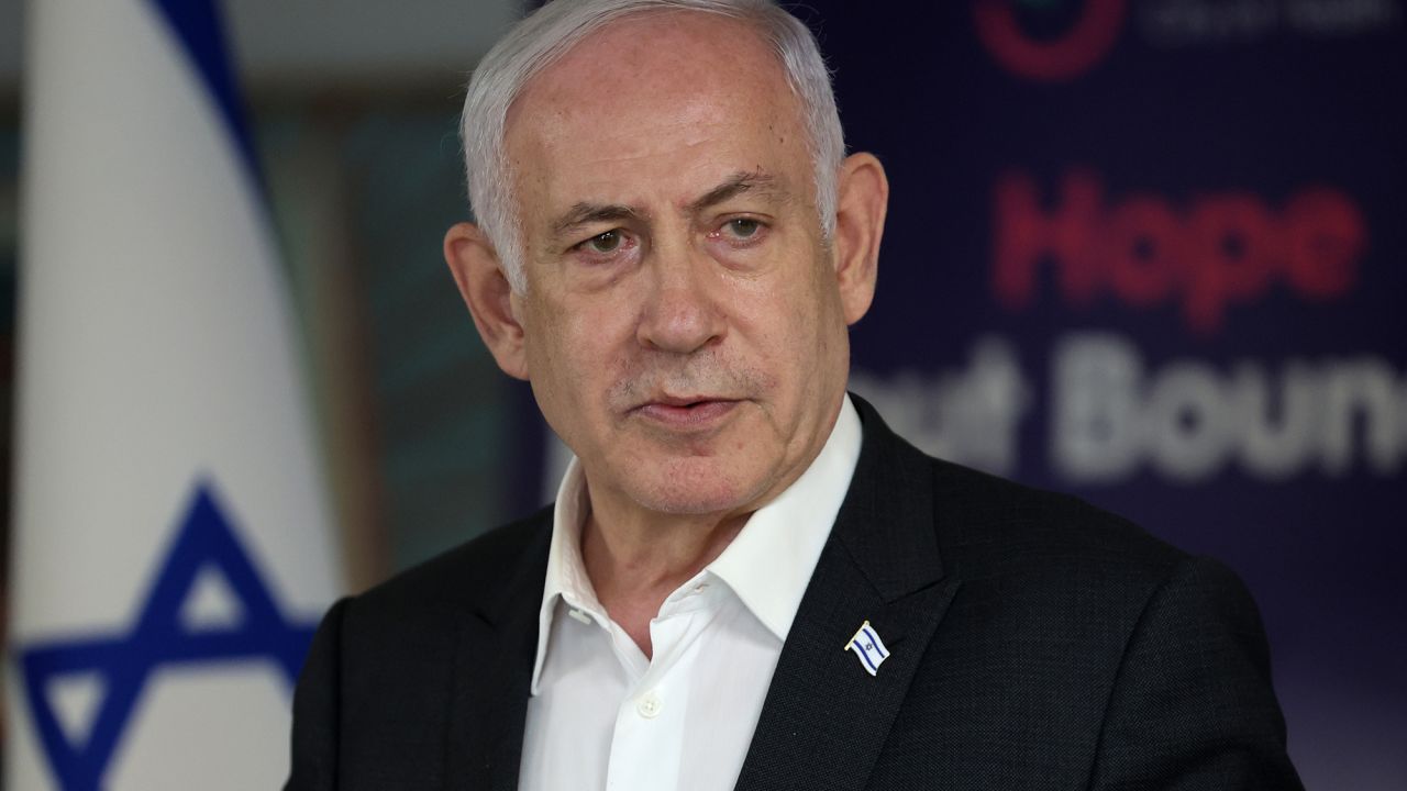 Israeli Prime Minister Benjamin Netanyahu speaks during a press conference at the Sheba Tel-HaShomer Medical Centre on June 8, in Ramat Gan, Israel. 