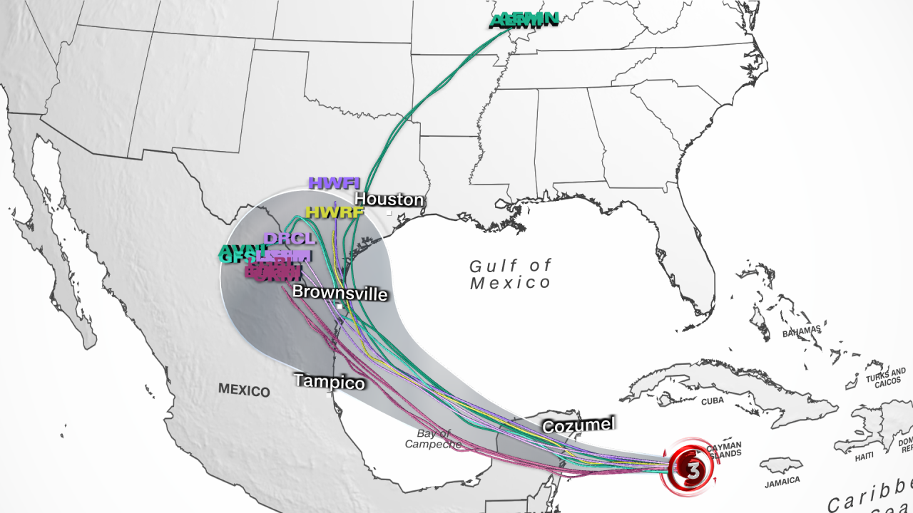 Several different computer forecast models (colored lines) are overlaid on the National Hurricane Center forecast cone (grey outline) for Beryl. Each colored line represents a different way the center of Beryl may track into early next week.