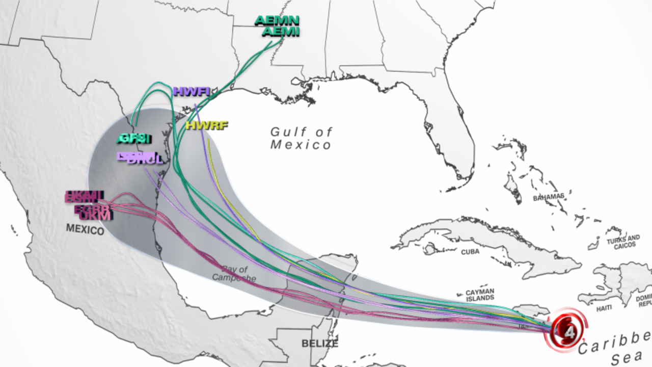 Several different computer forecast models (colored lines) are overlaid on the National Hurricane Center forecast cone (grey outline) for Beryl. Each colored line represents a different way the center of Beryl may track into early next week.