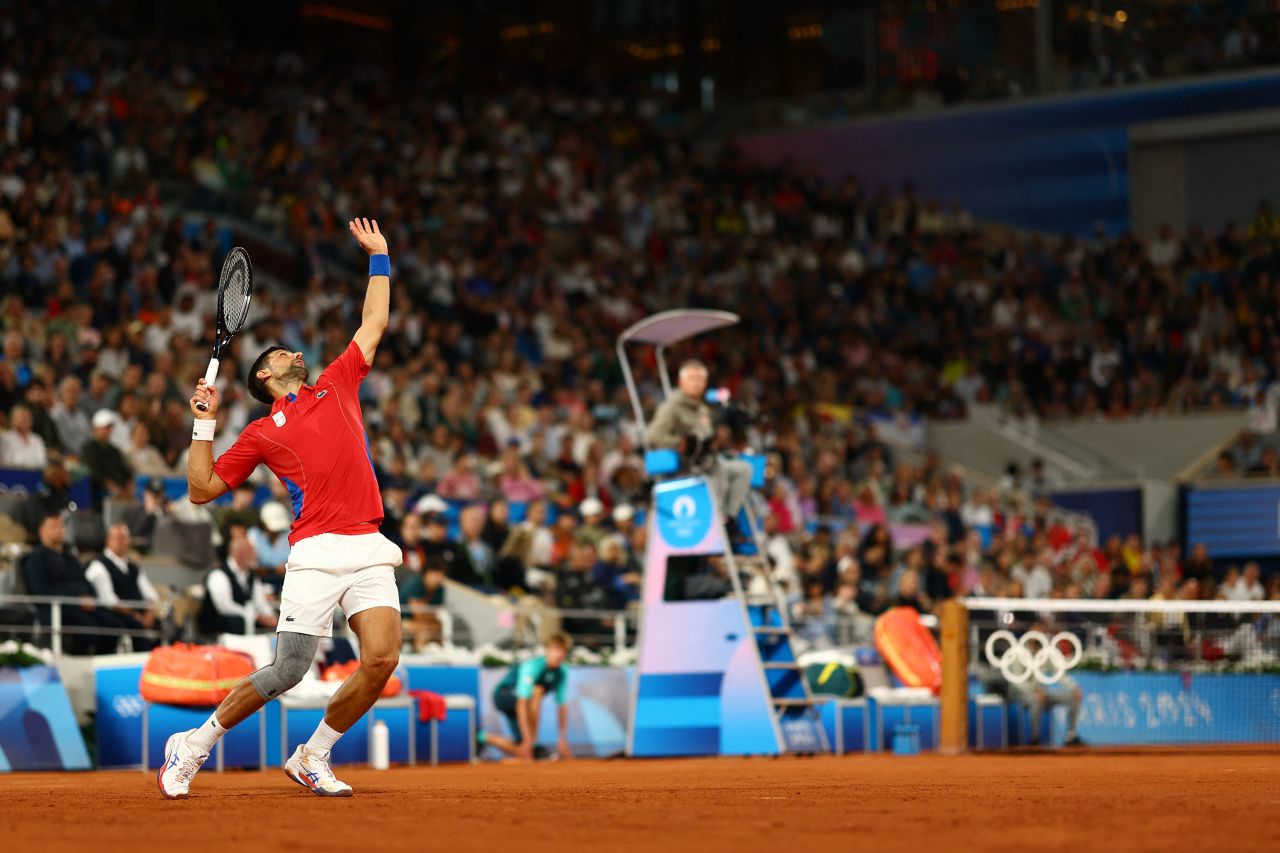 Novak Djokovic of Serbia in action during his first round match against Matthew Ebden of Australia on July 27, in Paris, France.