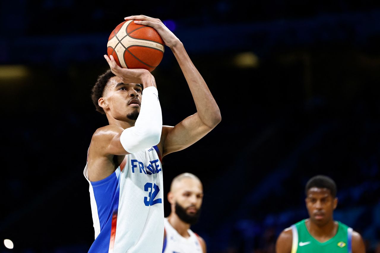 France's Victor Wembanyama takes a free throw in the men's preliminary round group B basketball match between France and Brazil during the Paris 2024 Olympic Games, on July 27.