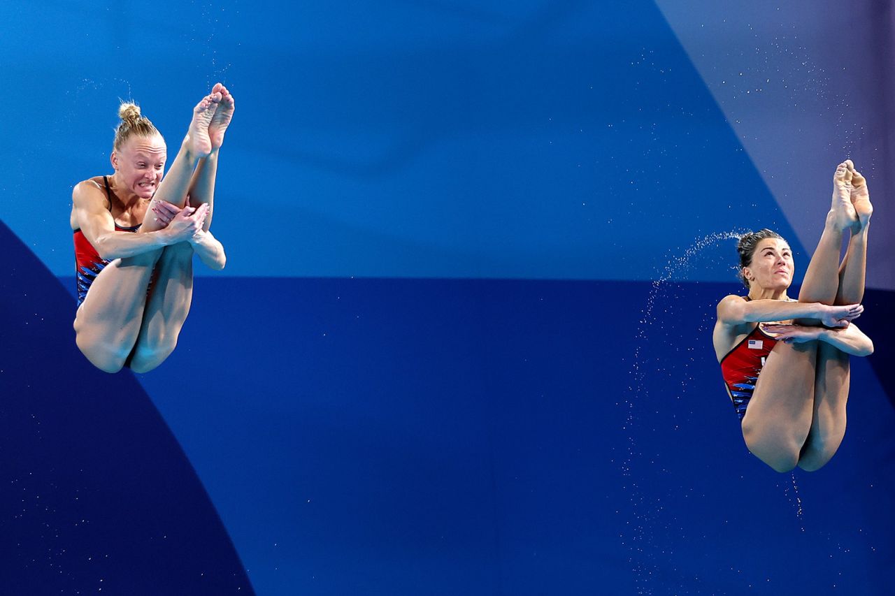 Sarah Bacon and Kassidy Cook of Team United States compete in the women's synchronised 3m springboard final on day one of the Olympic Games Paris 2024 on July 27.