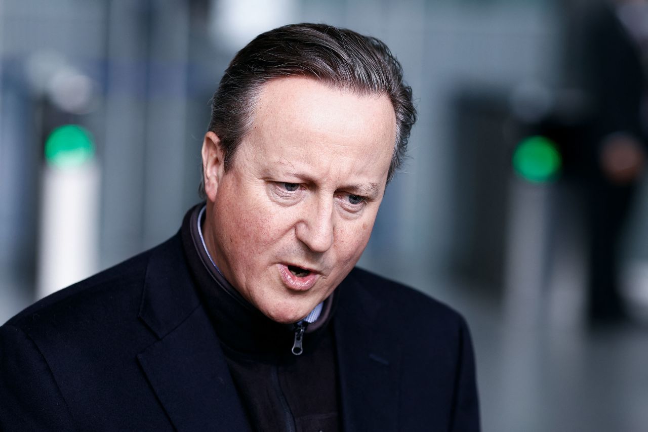 UK Foreign Secretary David Cameron addresses media during a statement ahead of a NATO foreign ministers meeting in Brussels on April 3. 