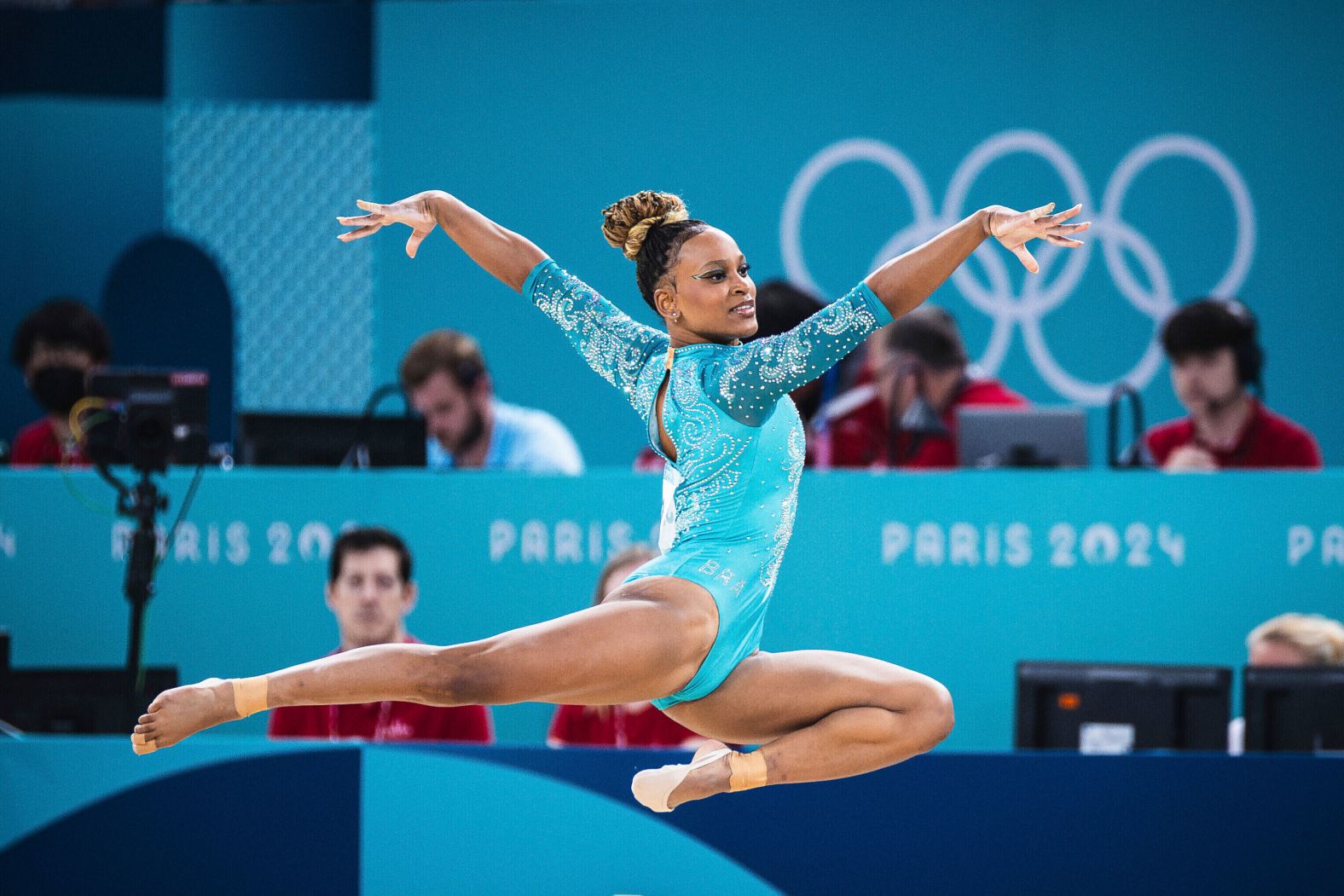 Andrade performs her floor routine on August 5. Earlier in these Games, she won silver in the vault and the individual all-around.