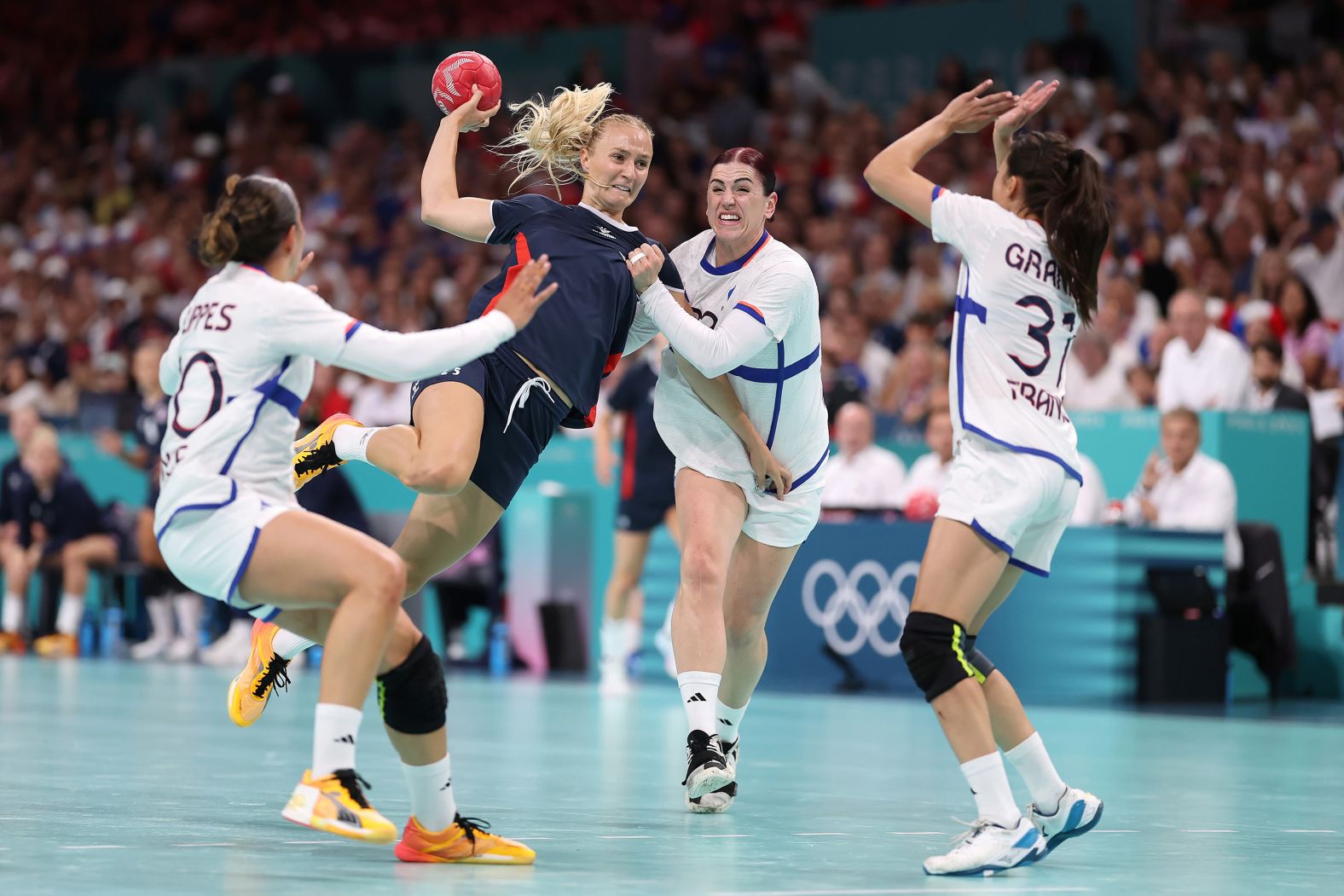 Norway’s Henny Reistad looks to shoot against France during the handball final on August 10. <a href="https://www.cnn.com/sport/live-news/paris-olympics-news-2024-08-10#h_76dd6a68c7ba943ea79926671e961231">Norway won 29-21</a> to earn the gold medal.