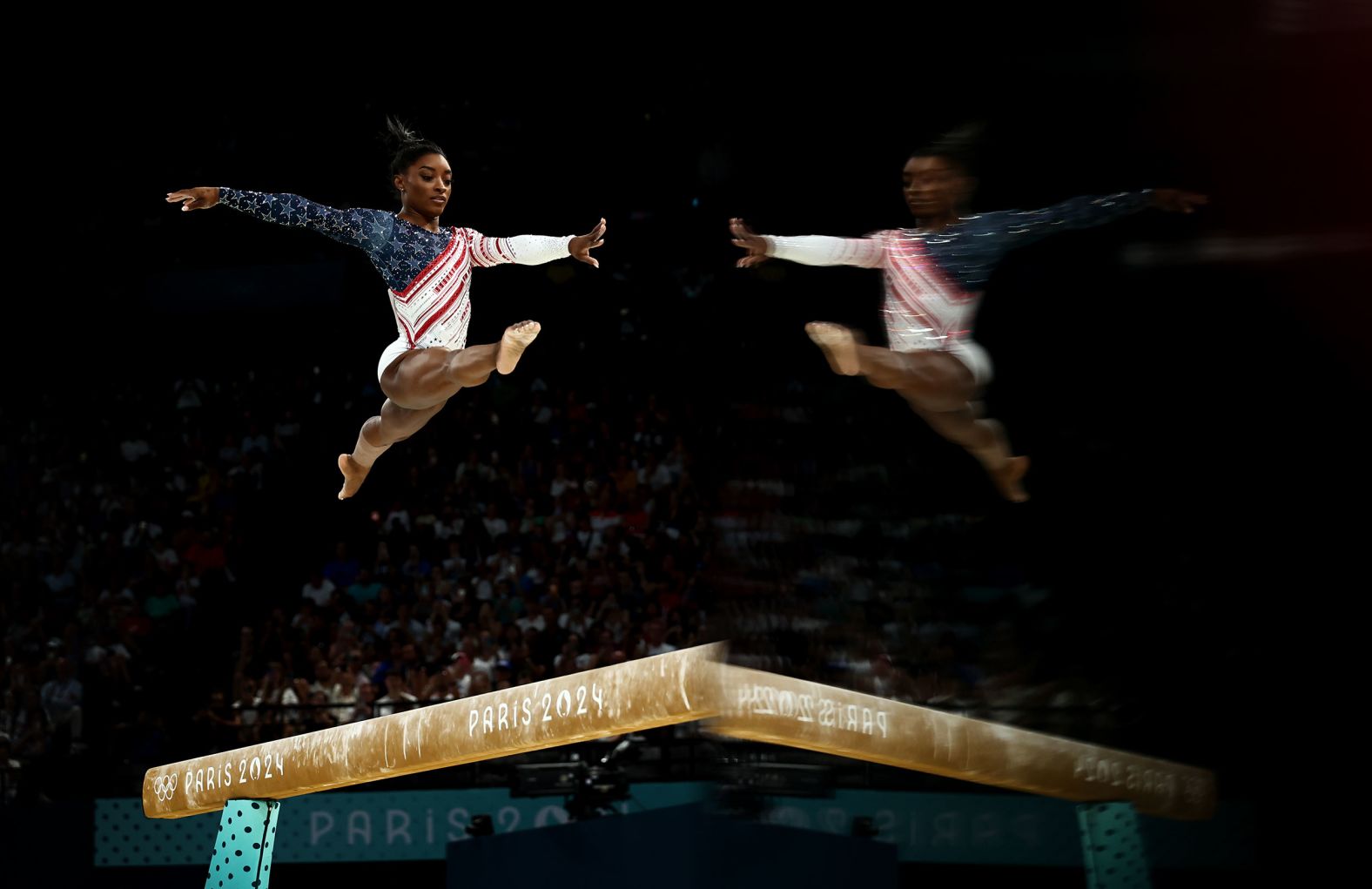 US gymnast Simone Biles performs on the balance beam during the team final on July 30. Biles and Team USA <a href="https://www.cnn.com/2024/07/30/sport/gallery/team-usa-wins-gymnastics-gold/index.html">dominated the field</a> to win the gold. It was a bit of redemption for Biles, who surpassed Shannon Miller for the most Olympic medals by an American gymnast (eight). <a href="https://www.cnn.com/2021/07/28/sport/simone-biles-gymnastics-tokyo-2020-mental-health-spt-intl/index.html">Biles withdrew from the team competition three years ago</a> after a shocking case of the “twisties,” a mental block where gymnasts lose track of their positioning midair.