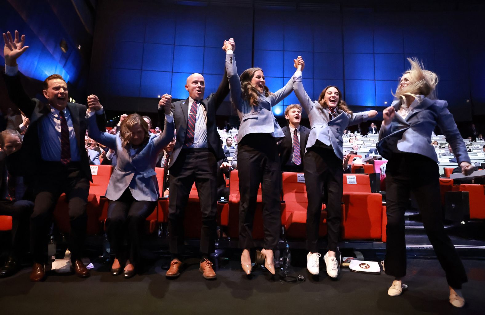 Delegation members celebrate on Wednesday, July 24, after <a href="https://www.cnn.com/2024/07/24/sport/salt-lake-city-winter-olympics/index.html">Salt Lake City was formally awarded the 2034 Winter Olympics</a>. From left are United States Olympic and Paralympic Committee President Gene Sykes, Salt Lake City-Utah Committee President and CEO Fraser Bullock, four-time Olympian Catherine Raney-Norman, Utah Gov. Spencer Cox, Salt Lake City Mayor Erin Mendenhall, two-time Paralympian Dani Aravich and four-time Olympian Lindsey Vonn.