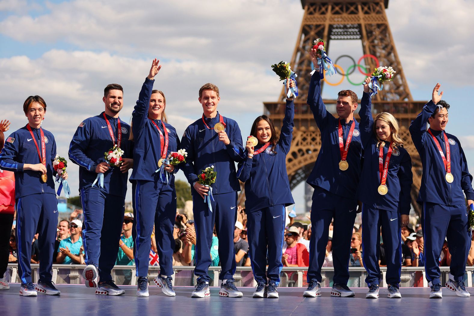 Members of the US Olympic figure skating team pose for a photo on August 7 after receiving gold medals for their performance in the 2022 Winter Games. <a href="https://www.cnn.com/sport/live-news/paris-olympics-news-2024-08-07#h_78d228036e827a9265a95643e494f528">They were awarded gold</a> after a Russian skater tested positive for a performance-enhancing substance.