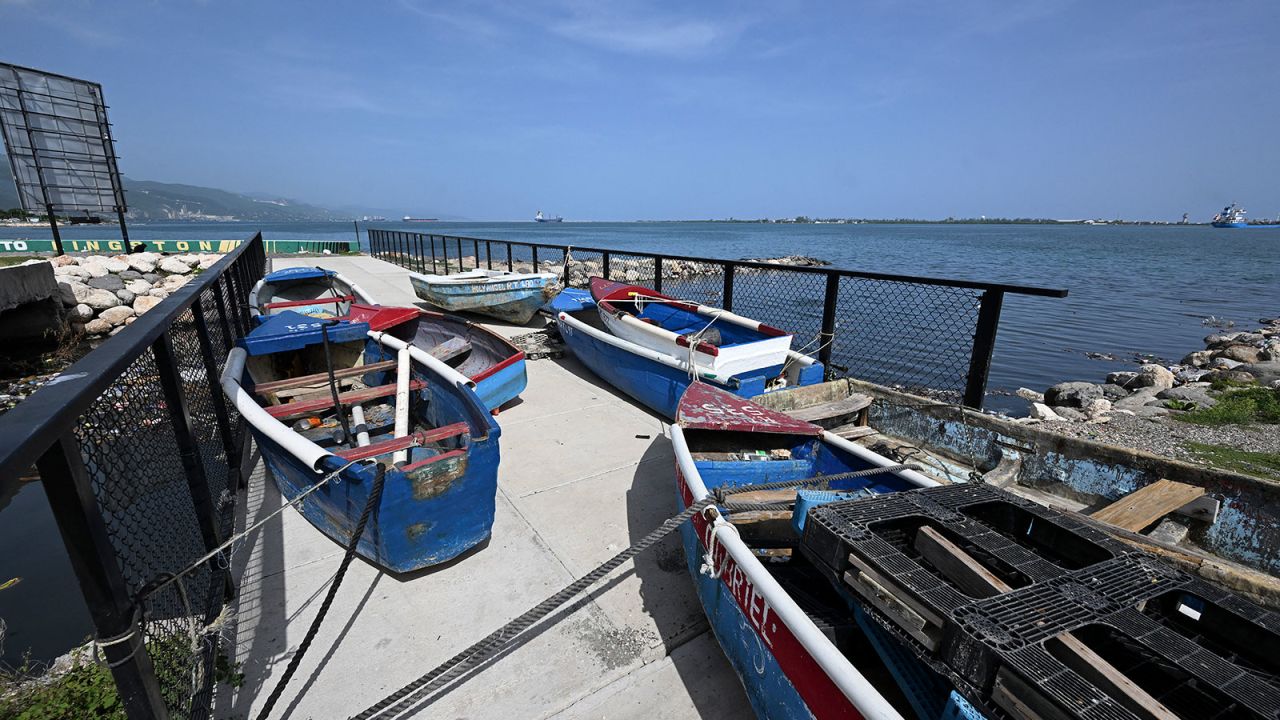 Boats are pictured tied up to a fence at the Kingston Waterfront ahead of Hurricane Beryl in Kingston, Jamaica, on July 2.