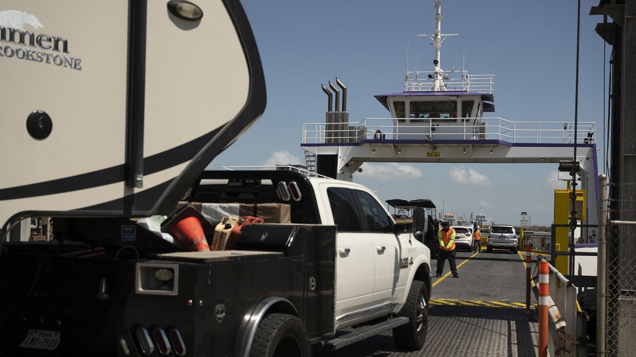 Motorists board the Port Aransas Ferry ahead of Hurricane Beryl's landfall in Port Aransas, Texas on July 6.