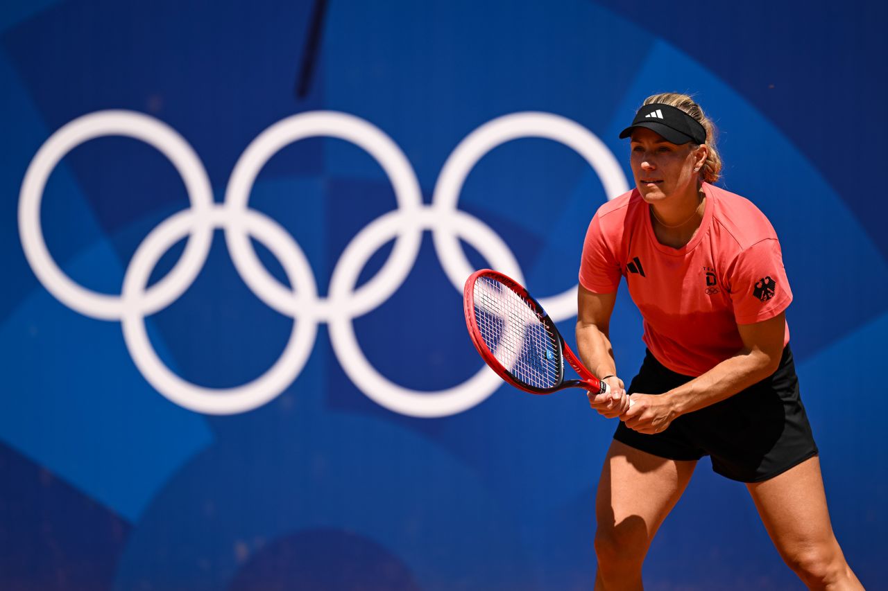 Angelique Kerber of Germany in action during a Tennis training session ahead of the Paris 2024 Olympic Games at Roland Garros on July 25, in Paris, France.