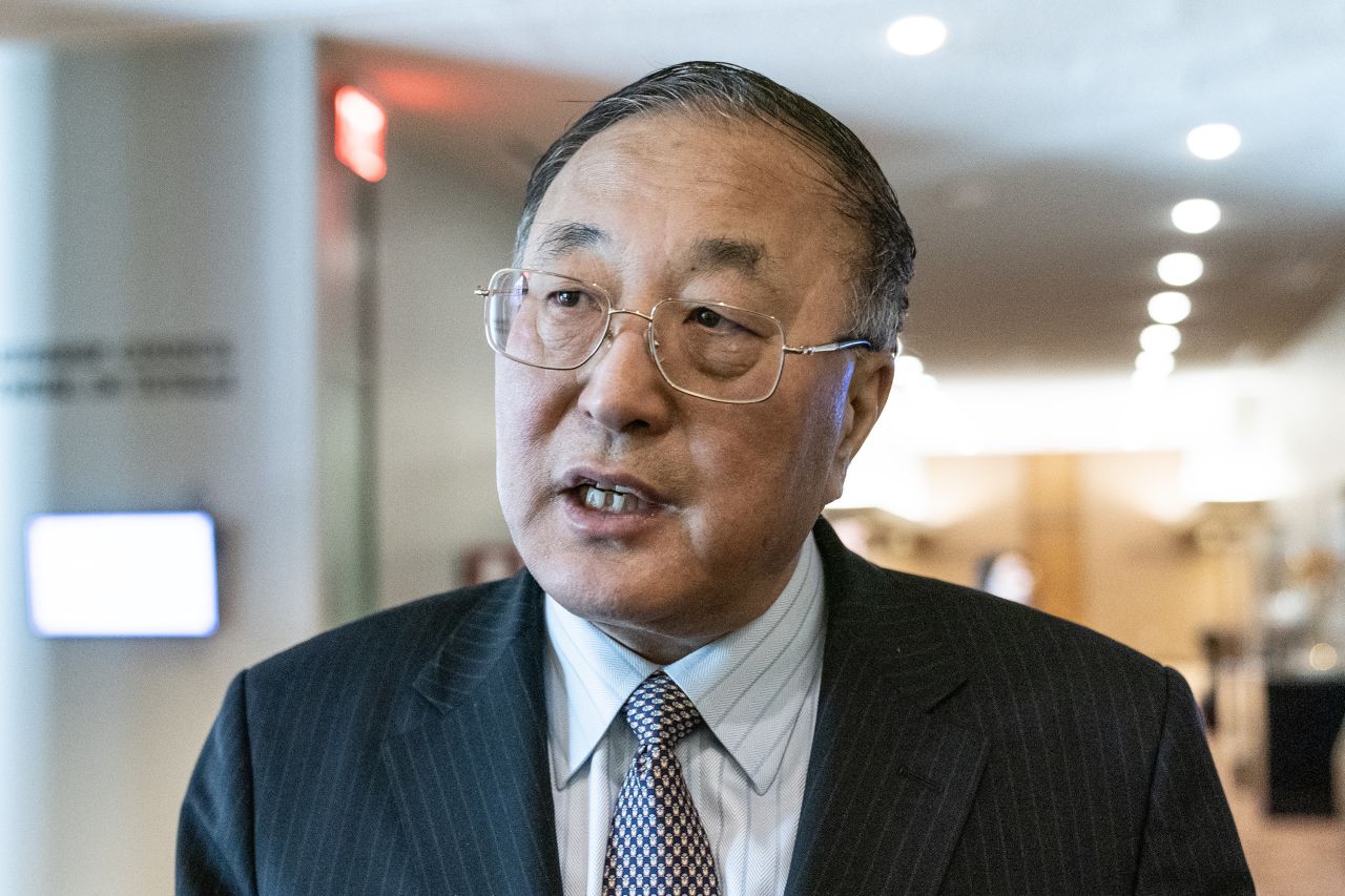 Ambassador Zhang Jun of China speaks to the press at a stakeout after the Security Council meeting in New York on March 25. 