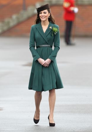 Kate donned a belted emerald coat by Emilia Wickstead on St. Patrick's Day in Aldershot, England. She accessorized her ensemble with a gold shamrock brooch -- a royal heirloom, according to<a href="http://www.telegraph.co.uk/news/uknews/theroyalfamily/9150267/Duchess-of-Cambridge-presents-St-Patricks-Day-shamrock-to-Irish-Guards.html" target="_blank" target="_blank"> The Telegraph.</a>