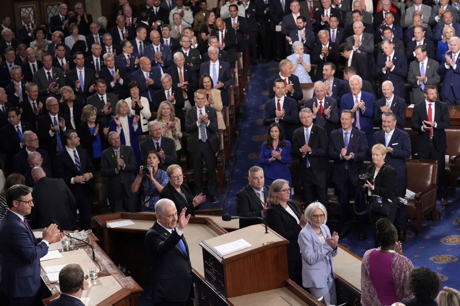 Israeli Prime Minister Benjamin Netanyahu waves as he arrives to speak to a joint meeting of the US Congress on Wednesday, July 24. During <a href="https://www.cnn.com/2024/07/24/politics/benjamin-netanyahu-address-washington/index.html">his nearly hourlong address</a>, he lashed out against protests of Israel’s ongoing war against Hamas in Gaza, broadly disparaging anti-Israel protesters as “Iran’s useful idiots.” He struck a bellicose tone as he vowed to “fight until we achieve victory.”