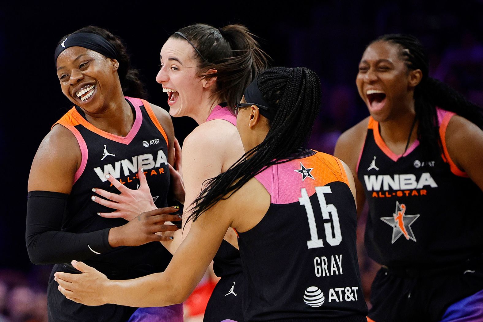 From left, WNBA All-Stars Arike Ogunbowale, Caitlin Clark, Allisha Gray and Aliyah Boston celebrate a 3-pointer during their game against Team USA on Saturday, July 20. <a href="https://www.cnn.com/2024/07/21/sport/wnba-all-star-game-spt-intl/index.html">Ogunbowale set a new WNBA All-Star Game record of 34 points</a> as Team WNBA defeated Team USA 117-109.