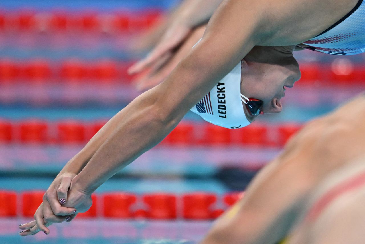 Katie Ledecky competes in a heat of the women's 400m freestyle swimming event at the Paris 2024 Olympic Games on July 27.