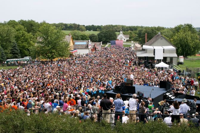 Speaking at a grassroots campaign event at Living History Farms in Urbandale, Iowa, on September 1, 2012. 