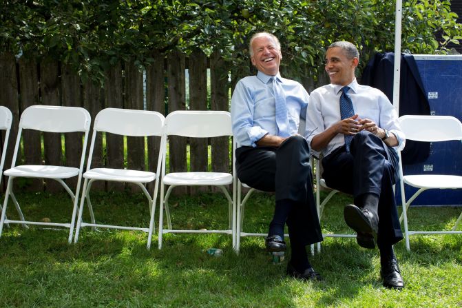 Joking with Vice President Joe Biden before a campaign rally in Portsmouth, New Hampshire, on September 7, 2012. 