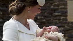 Catherine, Duchess of Cambridge, carries Princess Charlotte of Cambridge as they arrive at the Church of St Mary Magdalene on the Sandringham Estate for the Christening of Princess Charlotte of Cambridge on Sunday, July 5.