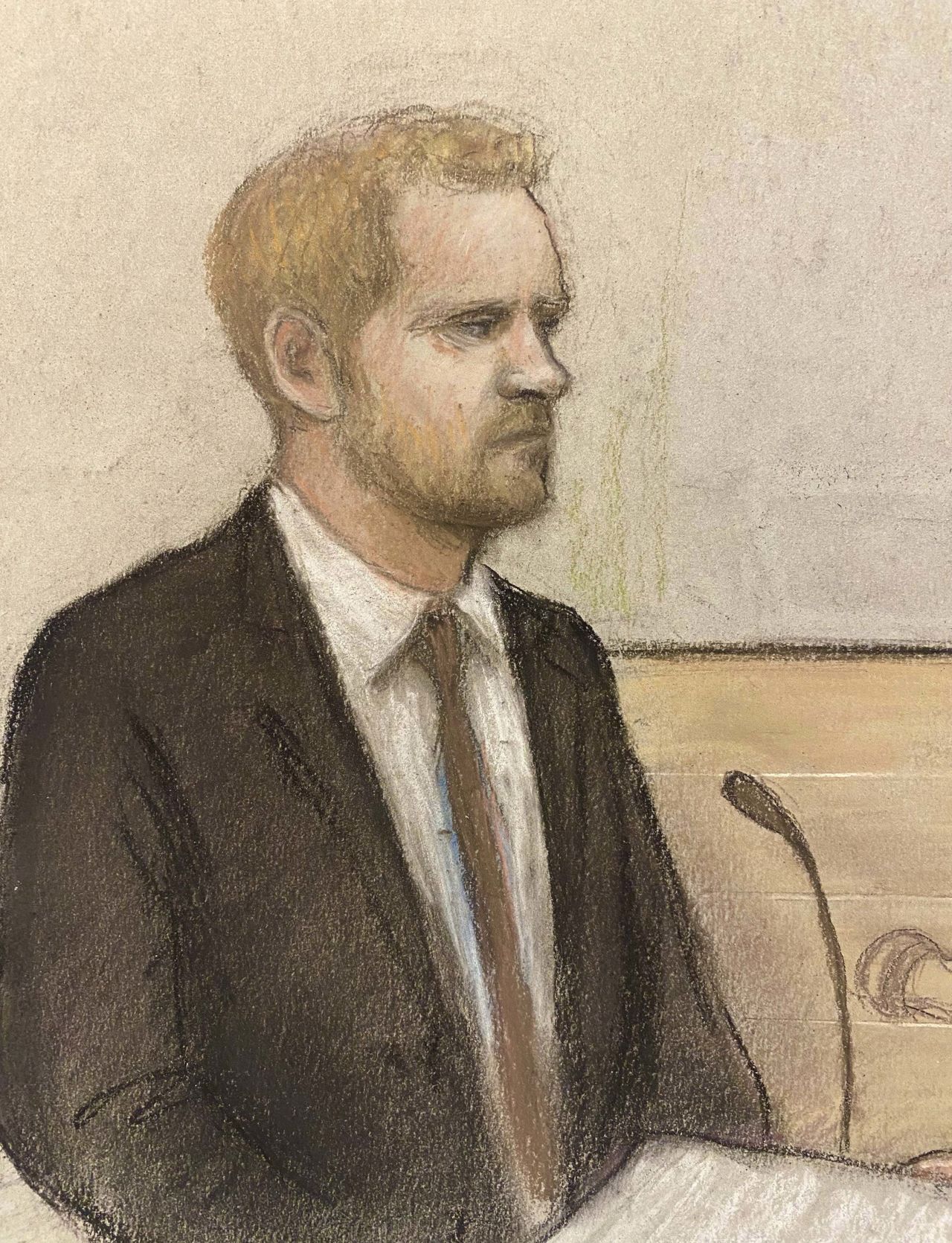 Prince Harry gives evidence, as pictured in a court sketch, at the Rolls Buildings in London, on June 6.