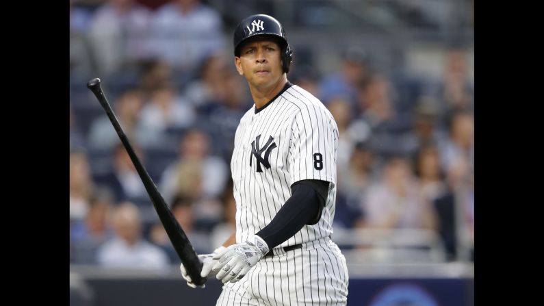 Rodriguez reacts after striking out swinging in the fourth inning of a game against the Los Angeles Angels on June 6, 2016. 