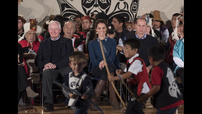 Catherine and William attend a performance while visiting First Nations community members in Bella Bella on Sunday, September 25.