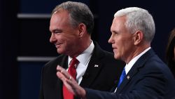 Mike Pence and Tim Kaine arrive for the vice presidential debate at Longwood University in Farmville, Virginia, on October 4, 2016.