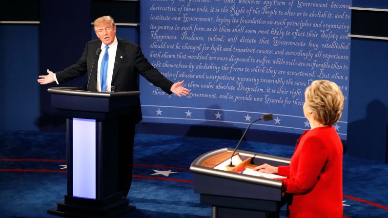 Trump faces Democratic nominee Hillary Clinton in <a href="http://www.cnn.com/2016/09/26/politics/gallery/first-presidential-debate/index.html" target="_blank">the first presidential debate, </a>which took place in Hempstead, New York, in September 2016.