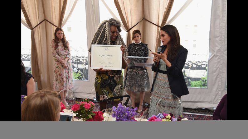 Markle and Crystal Valentine speak during Glamour's College Women of the Year Awards in April 2016.